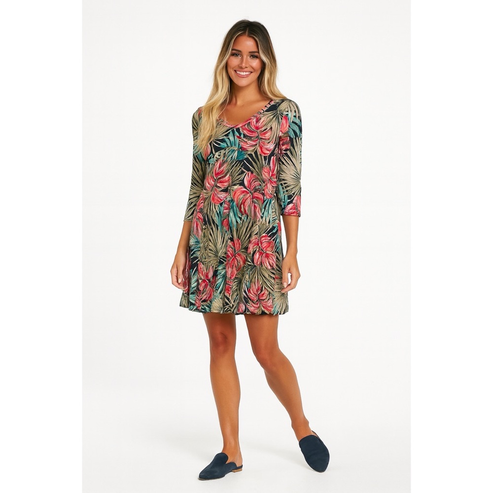 Paisley Grace Blue Pink Palm Tropical Print Long Sleeve Casual Dress, Size M